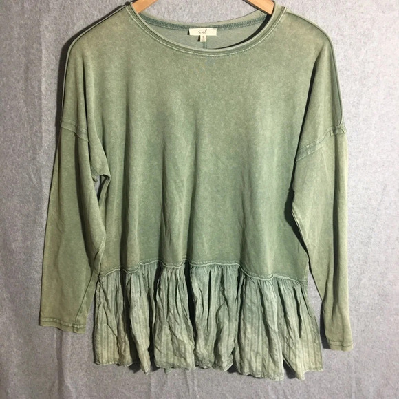Womens Easel Blouse Mixed Texture Sage Green Boho Beachy Festival Long Sleeve - Picture 1 of 6